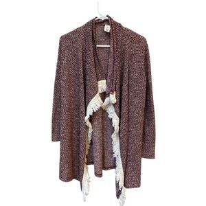 Boho Fringe Open Front Cardigan Maroon Cream Stretchy Fall Arizona Jean L